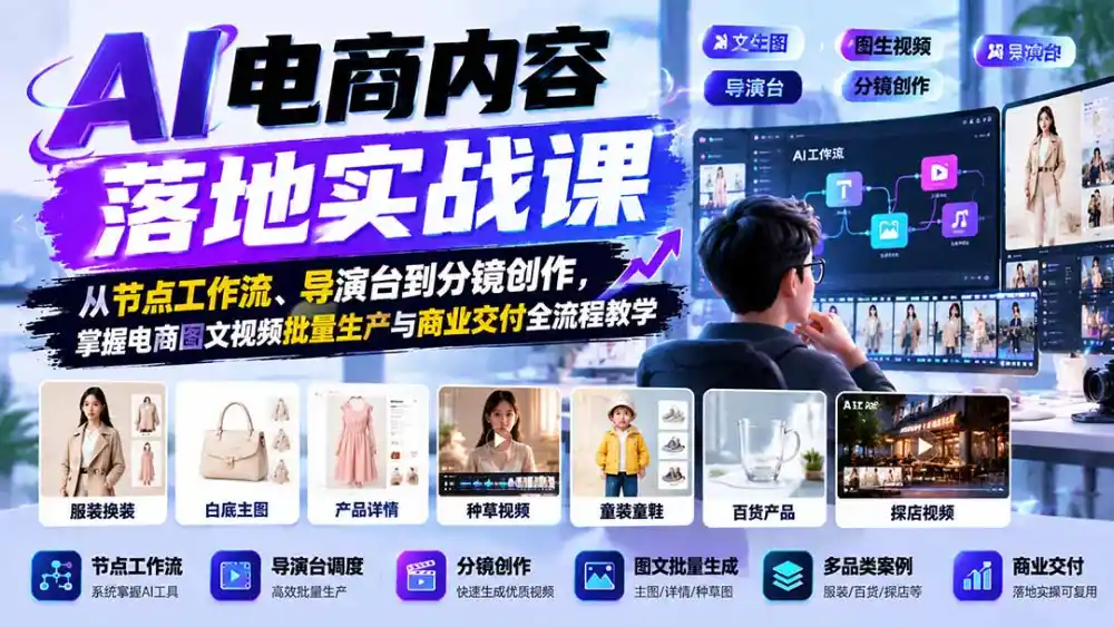 AI电商内容落地实战课:从节点工作流、导演台到分镜创作,掌握电商图文视频批量生产与商业交付全流程教学-云启智联