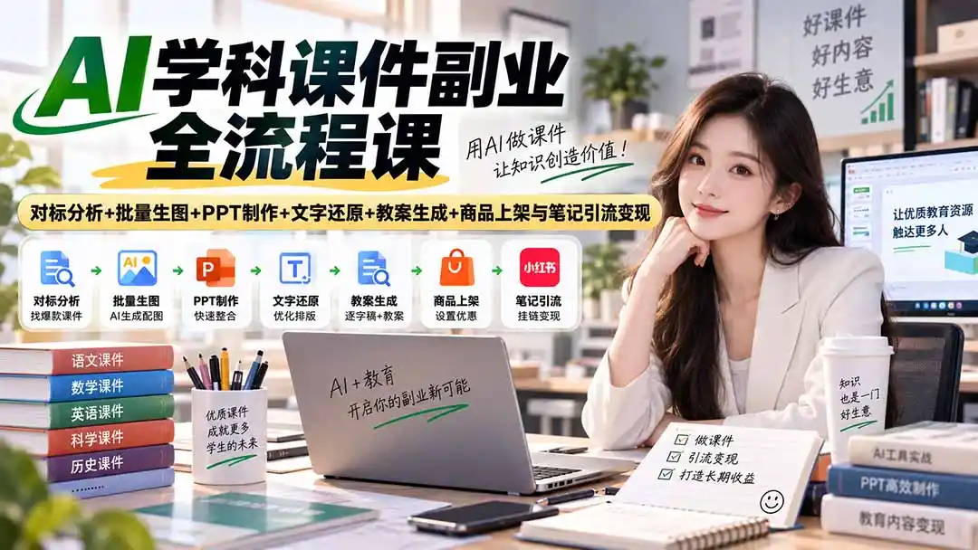 AI学科课件副业全流程课｜对标分析+批量生图+PPT制作+文字还原+教案生成+商品上架与笔记引流变现-云启智联