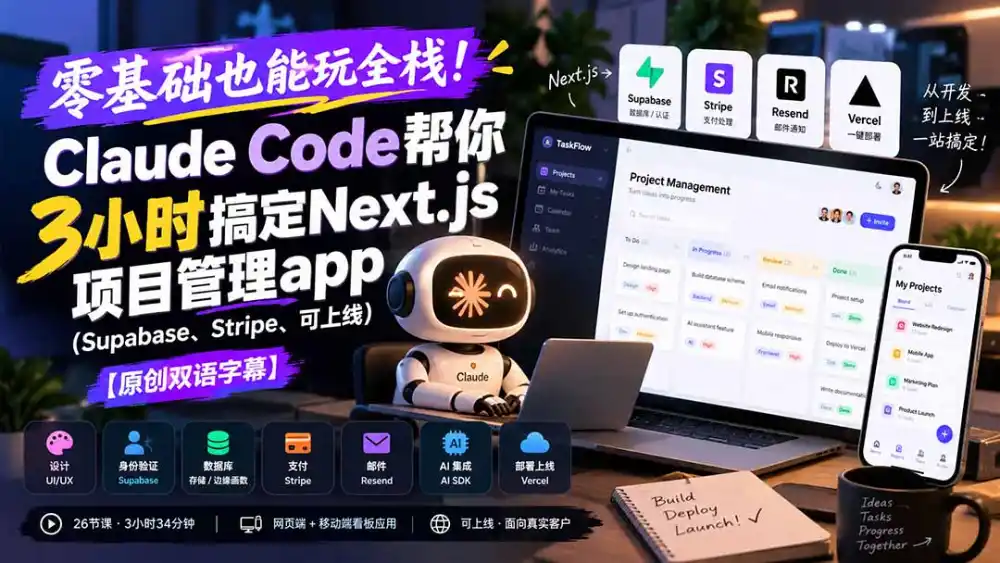 零基础也能玩全栈！Claude Code帮你3小时搞定Next.js项目管理app(Supabase、Stripe、可上线-云启智联