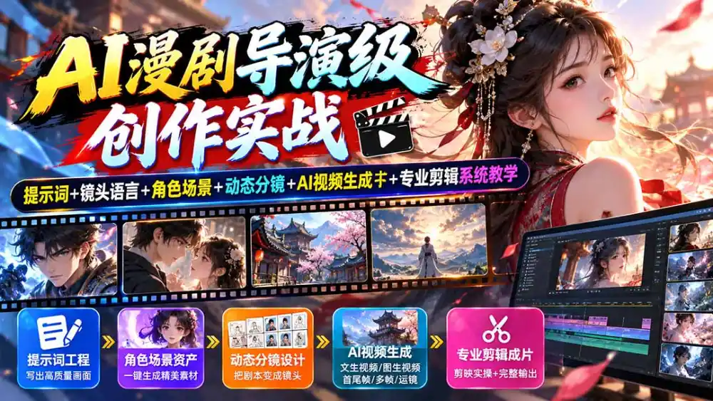 AI漫剧导演级创作实战：提示词+镜头语言+角色场景+动态分镜+AI视频生成+专业剪辑系统教学-云启智联