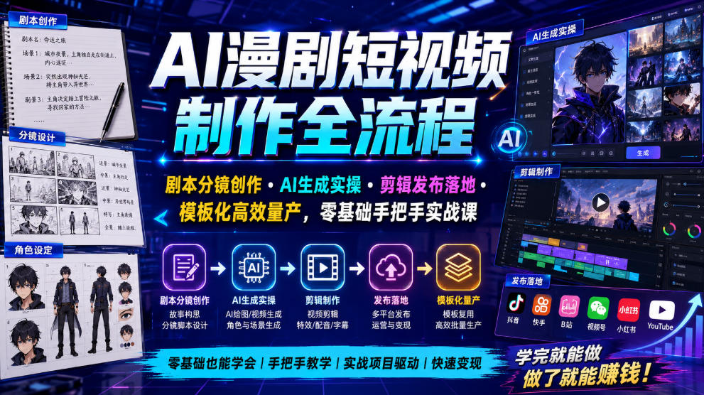 AI漫剧短视频制作全流程｜剧本分镜创作・AI生成实操・剪辑发布落地・模板化高效量产，零基础手把手实战课-云启智联