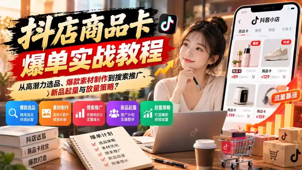 抖店商品卡爆单实战教程:从高潜力选品、爆款素材制作到搜索推广、新品起量与放量策略-云启智联