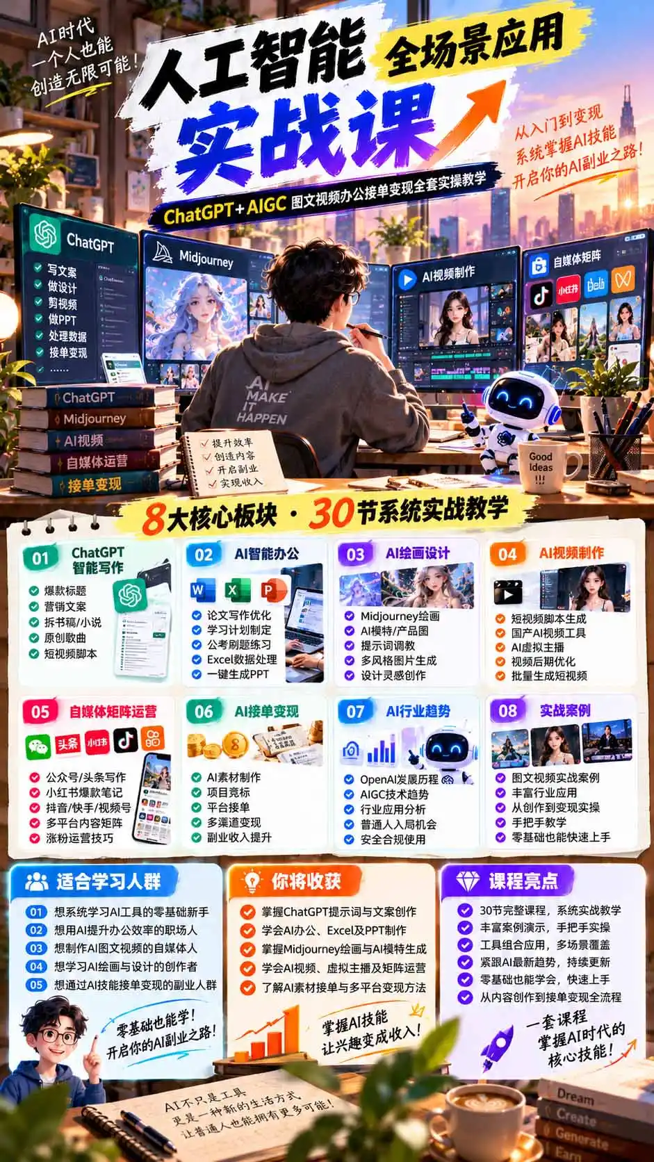 一个人掌握AI写作设计剪辑全套技能：从ChatGPT办公、AI绘画到虚拟主播、自媒体运营及接单变现-云启智联