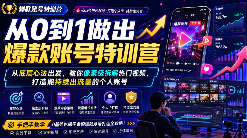 从0到1做出爆款账号特训营，从底层心法出发，教你像素级拆解热门视频，打造能持续出流量的个人账号-云启智联