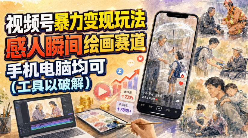 视频号暴力变现玩法，感人瞬间绘画赛道，手机电脑均可-云启智联