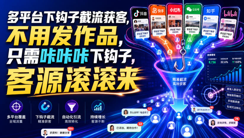 多平台下钩子截流获客，不用发作品，只需咔咔咔下钩子，客源滚滚来-云启智联
