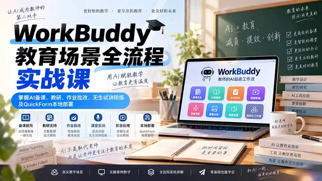 WorkBuddy教育场景全流程实战课：掌握AI备课、教研、作业批改、无生试讲陪练及QuickForm本地部署-云启智联