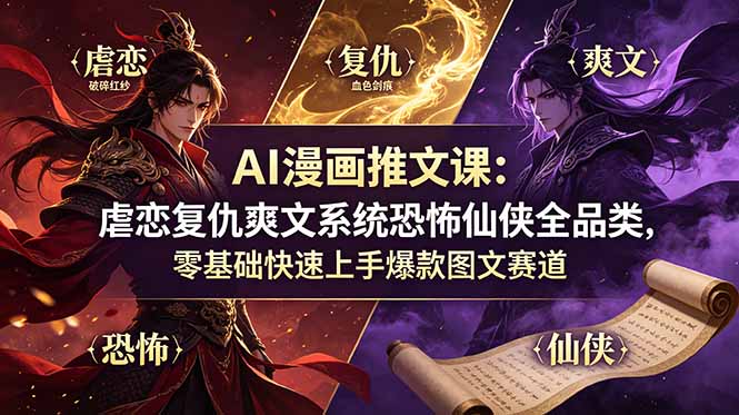 AI漫画推文课：虐恋复仇爽文系统恐怖仙侠全品类，零基础快速上手爆款图文赛道-云启智联