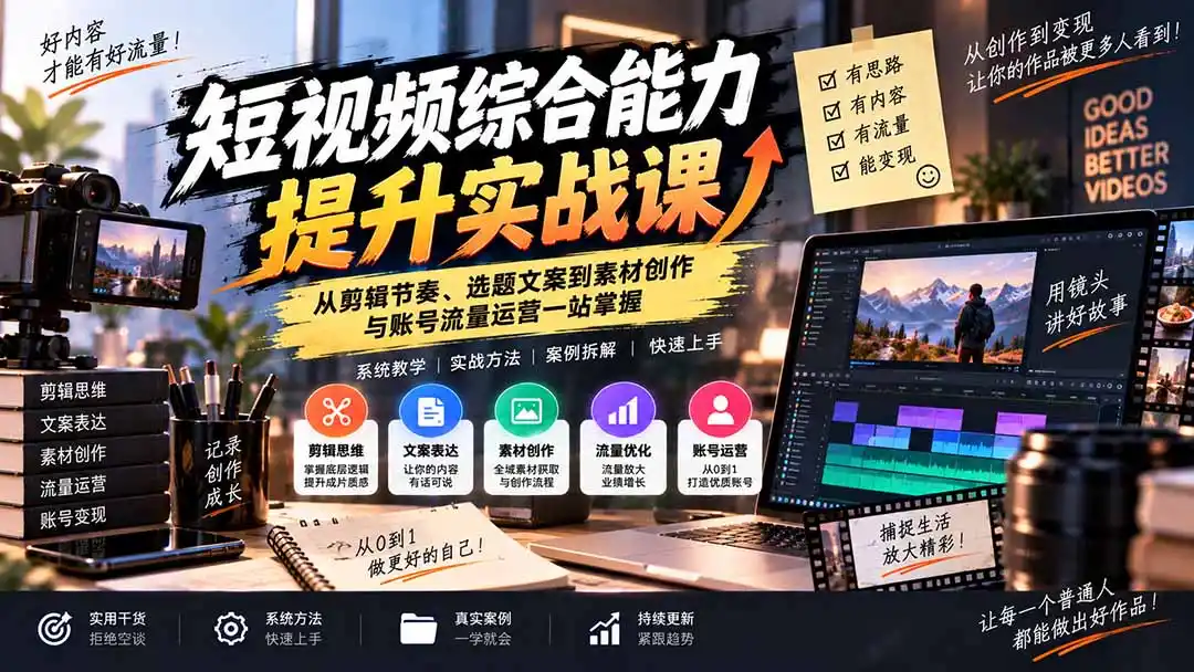 短视频综合能力提升实战课：从剪辑节奏、选题文案到素材创作与账号流量运营一站掌握-云启智联