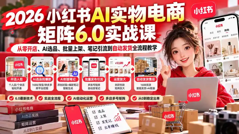 2026小红书AI实物电商矩阵6.0实战课：从零开店、AI选品、批量上架、笔记引流到自动发货全流程教学-云启智联