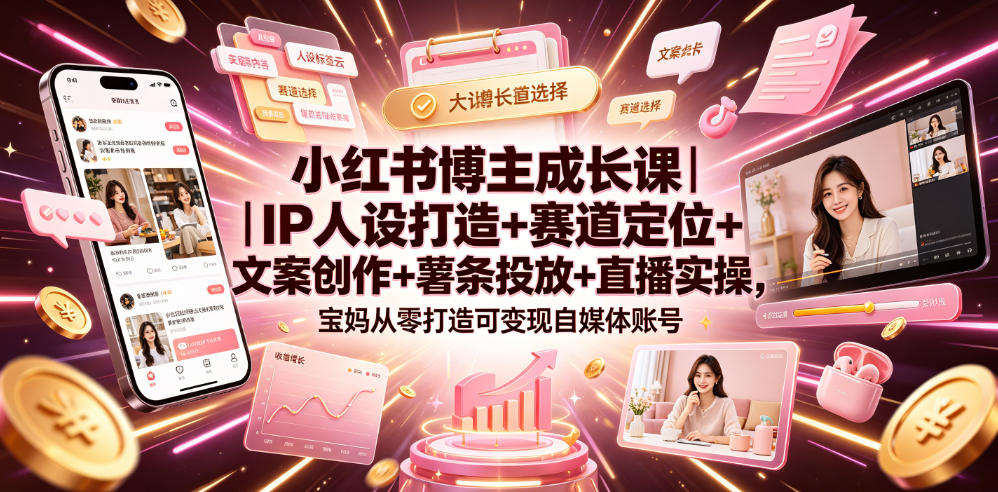 小红书博主成长课｜IP人设打造+赛道定位+文案创作+薯条投放+直播实操，宝妈从零打造可变现自媒体账号-云启智联
