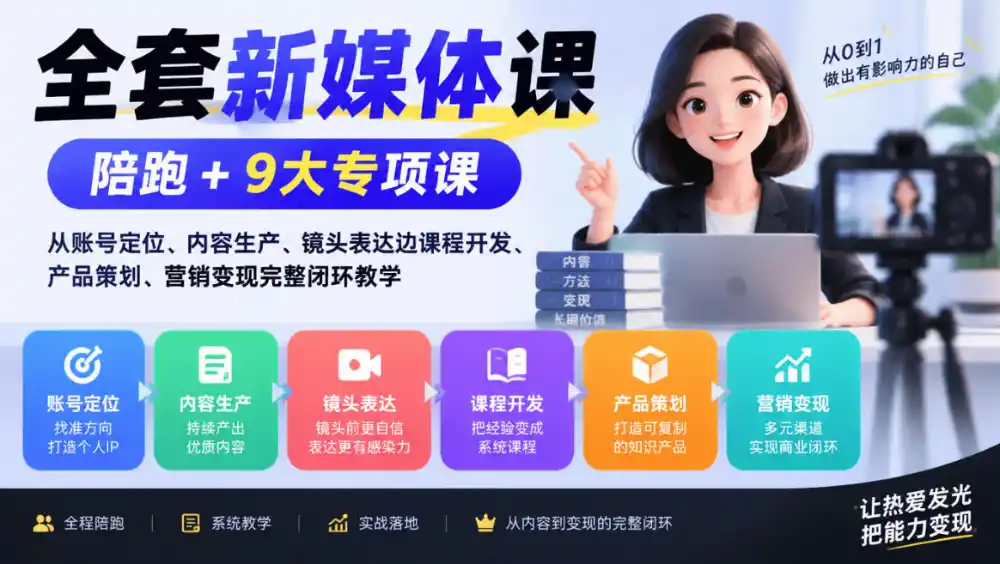 全套新媒体课|陪跑+9大专项课,从账号定位、内容生产、镜头表达到课程开发、产品策划、营销变现完整闭环教学-云启智联