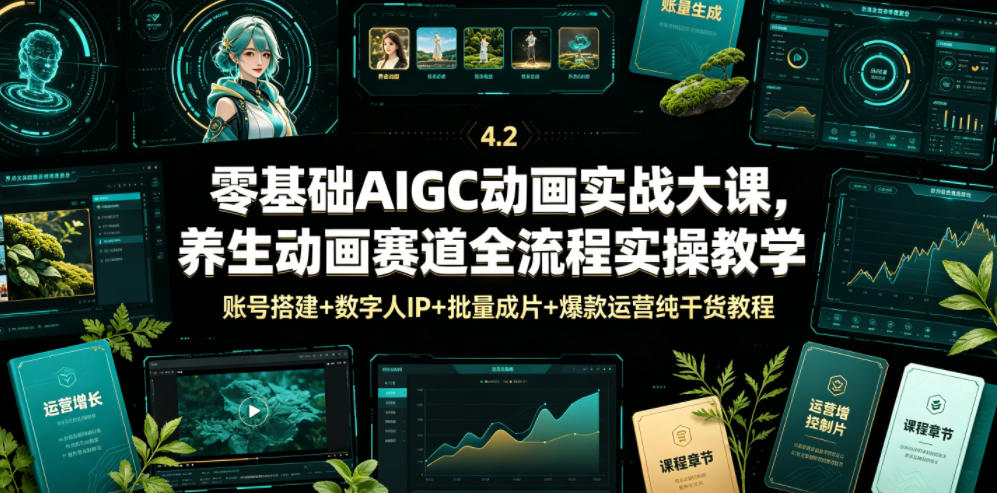 零基础AIGC动画实战大课，养生动画赛道全流程实操教学，账号搭建+数字人IP+批量成片+爆款运营纯干货教程-云启智联