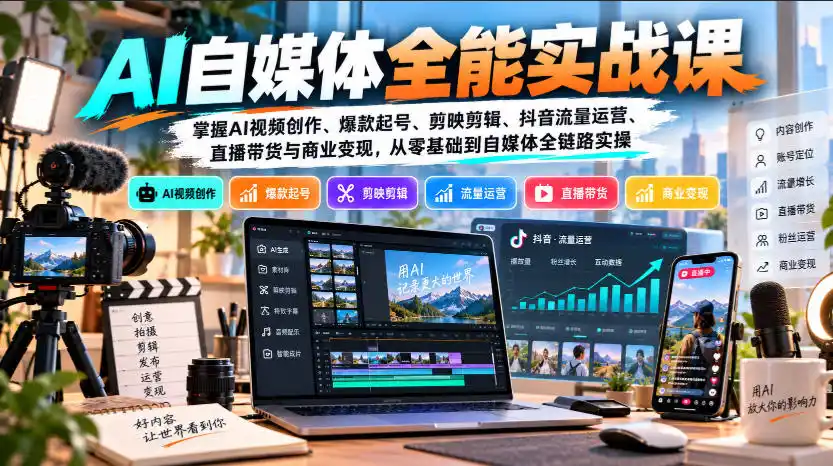 【无水印】AI自媒体全能实战课，掌握AI视频创作、爆款起号、剪映剪辑、抖音流量运营、直播带货与商业变现，从零基础到自媒体全链路实操-云启智联