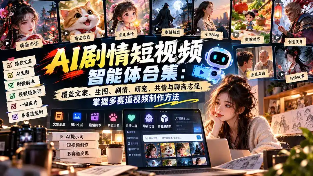 【无水印】AI剧情短视频智能体合集：覆盖文案、生图、剧情、萌宠、共情与聊斋志怪，掌握多赛道视频制作方法-云启智联