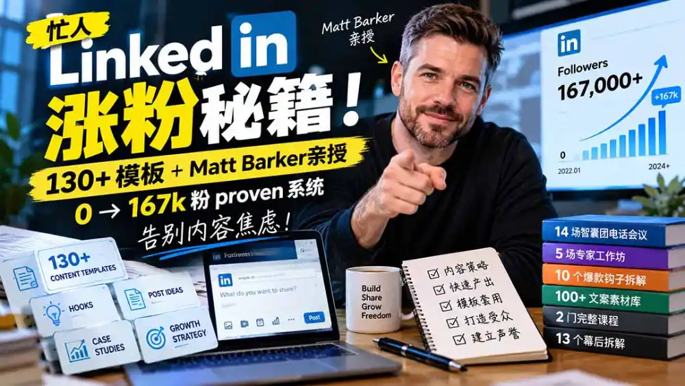 【无水印】忙人LinkedI 涨粉秘籍!130+模板+Matt Barker亲授:0→167k粉proven系统,告别内容焦虑【原创双语字幕】-云启智联