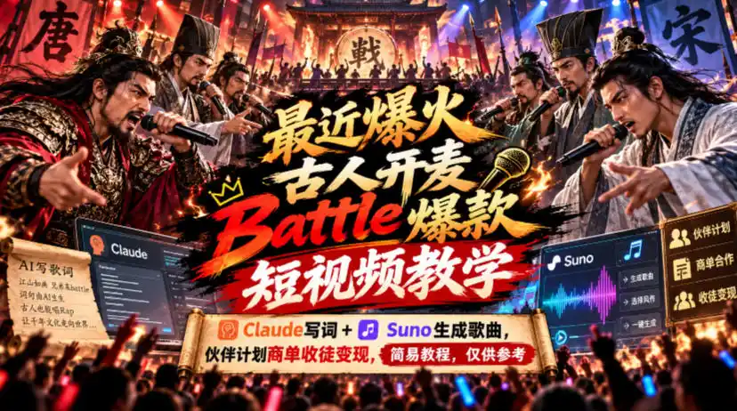 最近爆火古人开麦Battle爆款短视频教学,Claude写词+Suno生成歌曲,伙伴计划商单收徒变现,简易教程,仅供参考-云启智联