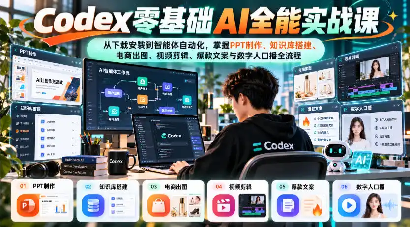 Codex零基础AI全能实战课：从下载安装到智能体自动化，掌握知识库搭建、电商出图、视频剪辑、爆款文案与数字人口播全流程-云启智联