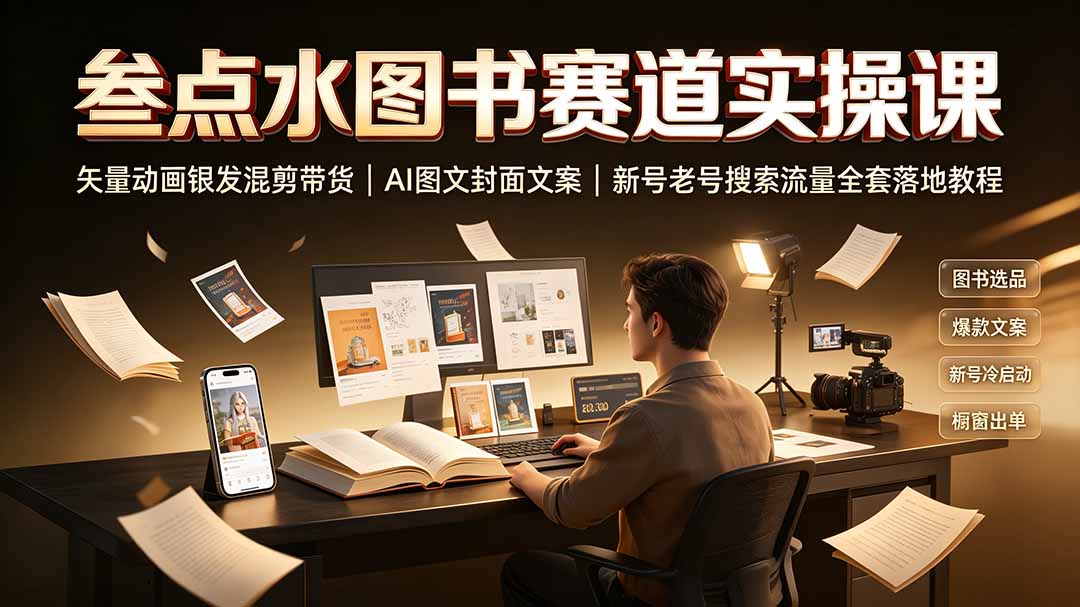 叁点水图书赛道实操课｜矢量动画银发混剪带货，AI图文封面文案，新号老号搜索流量全套落地教程-云启智联