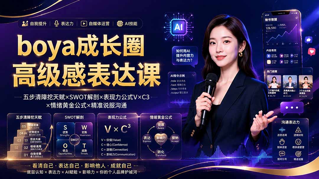 boya成长圈｜内心成长高级表达AI自媒体三合一，消解内耗挖掘天赋，镜头沟通AI指令短视频全流程教学-云启智联