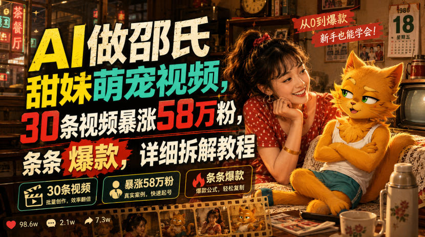 AI做邵氏甜妹萌宠视频，30条视频暴涨58万粉，条条爆款，详细拆解教程-云启智联