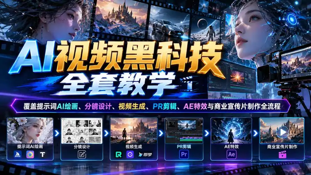 AI视频黑科技全套教学：覆盖提示词AI绘画、分镜设计、视频生成、PR剪辑、AE特效与商业宣传片制作全流程-云启智联