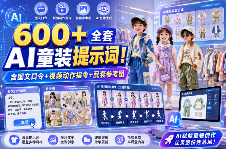 600+全套AI童装提示词！含图文口令+视频动作指令+配套参考图，Word-Excel规整分类，童装电商、种草无脑量产内容！-云启智联