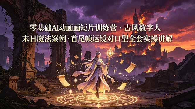 零基础AI动画短片训练营，古风数字人末日魔法案例，首尾帧运镜对口型全套实操讲解-云启智联
