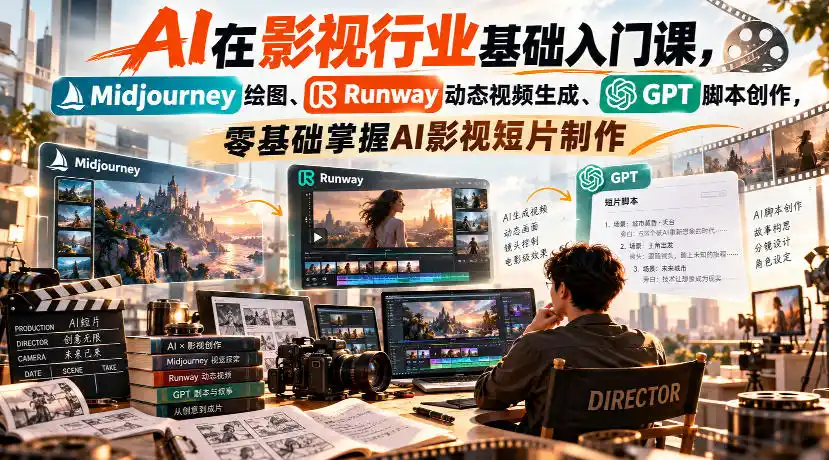 【无水印】AI在影视行业基础入门课，Midjourney绘图、Runway动态视频生成、GPT脚本创作，零基础掌握AI影视短片制作-云启智联