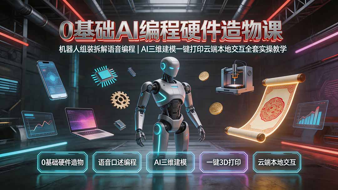 0基础AI编程硬件造物课｜机器人组装拆解语音编程，AI三维建模一键打印云端本地交互全套实操教学-云启智联
