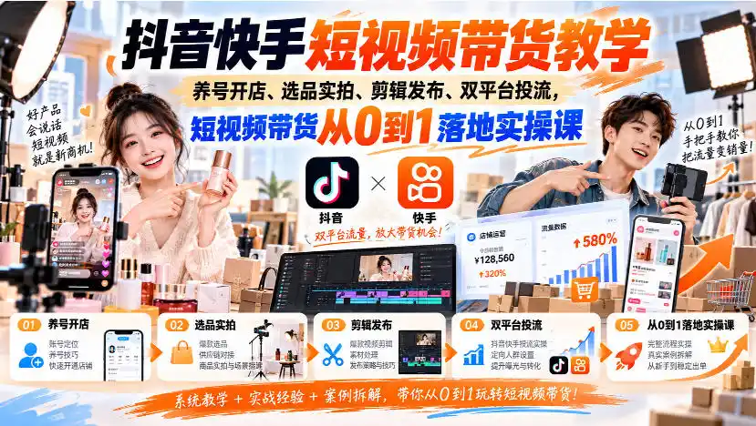 抖音快手短视频带货教学｜养号开店、选品实拍、剪辑发布、双平台投流，短视频带货从0到1落地实操课-云启智联