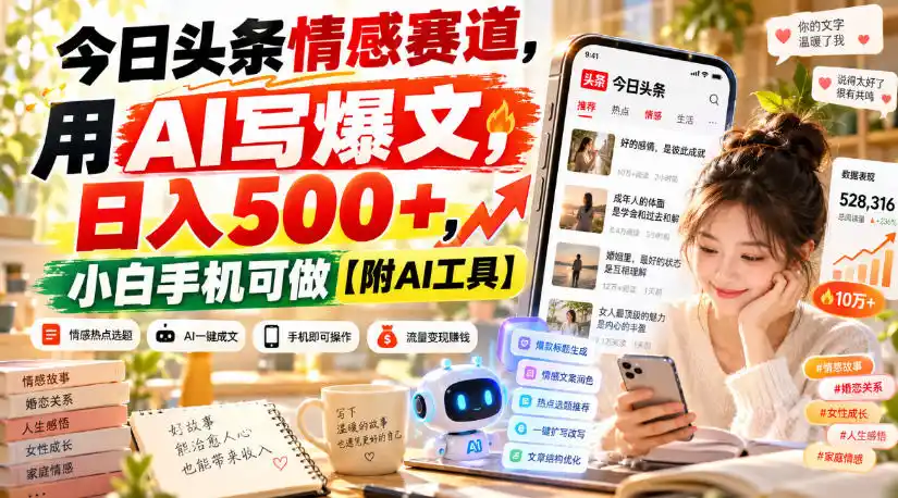 今日头条情感赛道，用AI写爆文，日入500+，小白手机可做【附AI工具】-云启智联