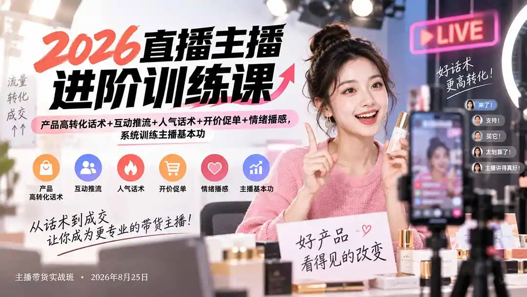 2026直播主播进阶训练课：产品高转化话术+互动推流+人气话术+开价促单+情绪播感，系统训练主播基本功-云启智联