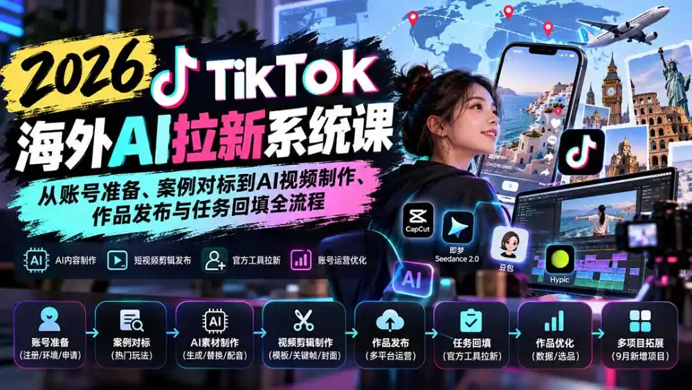 【无水印】2026 TikTok海外AI拉新系统课：从账号准备、案例对标到AI视频制作、作品发布与任务回填全流程-云启智联