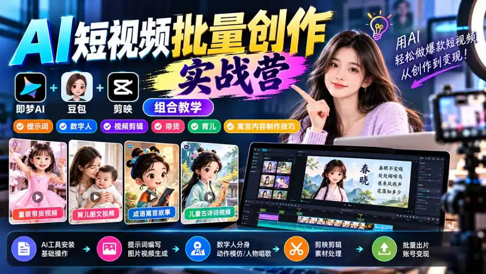 【无水印】AI短视频批量创作实战营：即梦+豆包+剪映组合教学，提示词/数字人/视频剪辑/带货/育儿/寓言内容制作技巧-云启智联