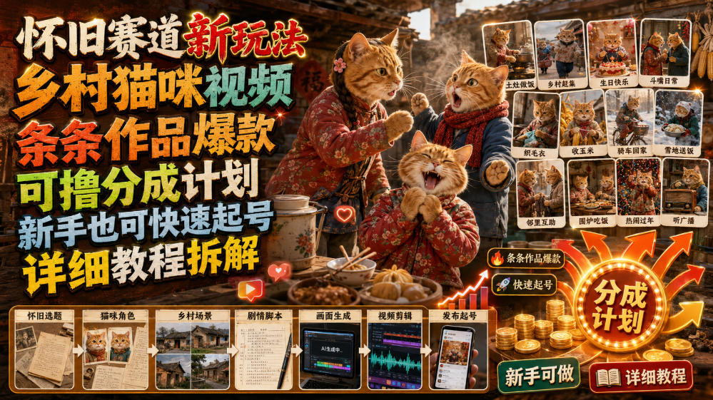 怀旧赛道新玩法，乡村猫咪视频，条条作品爆款，可撸分成计划，新手也可快速起号，详细教程拆解-云启智联