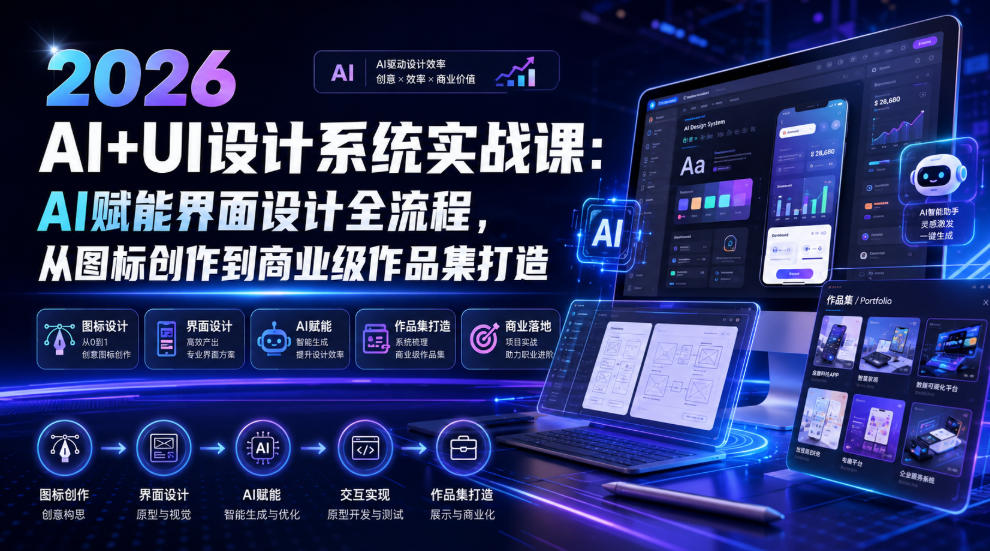 2026 AI+UI设计系统实战课：AI赋能界面设计全流程，从图标创作到商业级作品集打造-云启智联