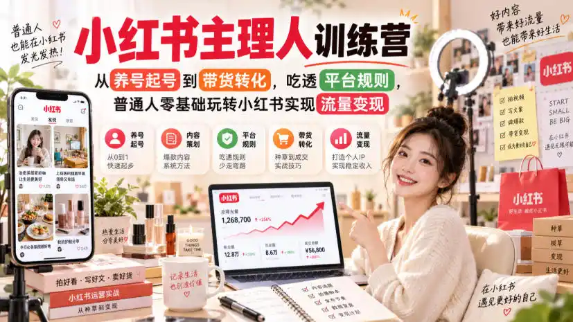 小红书主理人训练营，从养号起号到带货转化，吃透平台规则，普通人零基础玩转小红书实现流量变现-云启智联