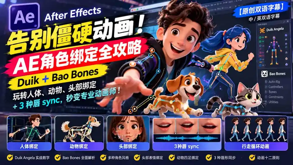 【无水印】告别僵硬动画！AE 角色绑定全攻略：Duik+Bao Bones玩转人体/动物/头部绑定+3种唇sync，秒变专业动画师-云启智联