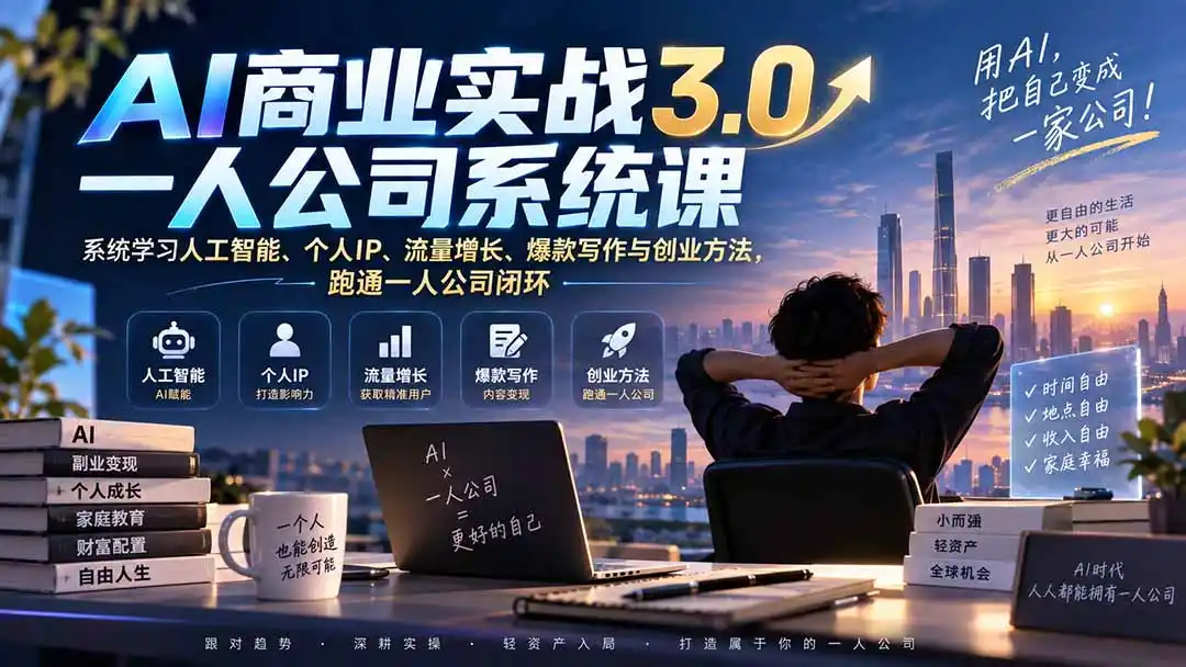 AI商业实战3.0一人公司系统课：系统学习人工智能、个人IP、流量增长、爆款写作与创业方法，跑通一人公司闭环-云启智联