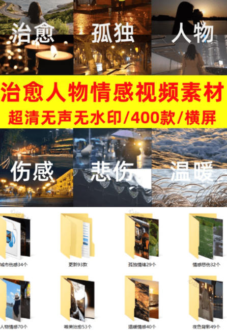 爆款短视频常用视频素材！抖音治愈伤感人物情感视频素材，400款合集，无声无水印，视频感氛围拉满-云启智联