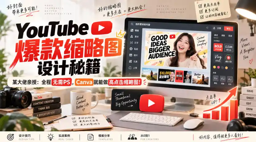 YouTube爆款缩略图设计秘籍，某油管大佬(610万订阅者)亲授，全程无需PS，Canva就能做高点击缩略图！【原创双语字幕】-云启智联