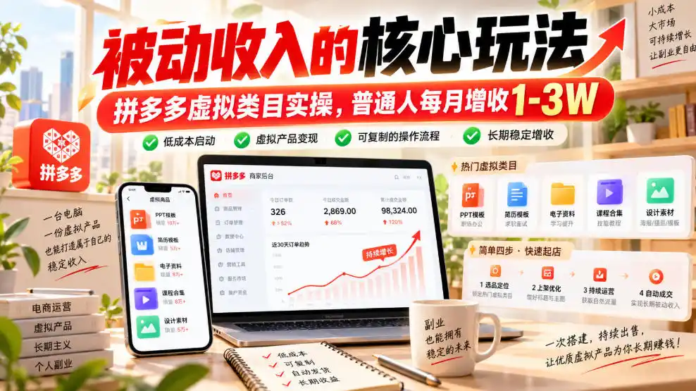 被动收入的核心玩法，拼多多虚拟类目实操，普通人每月增收1-3W【揭秘】-云启智联