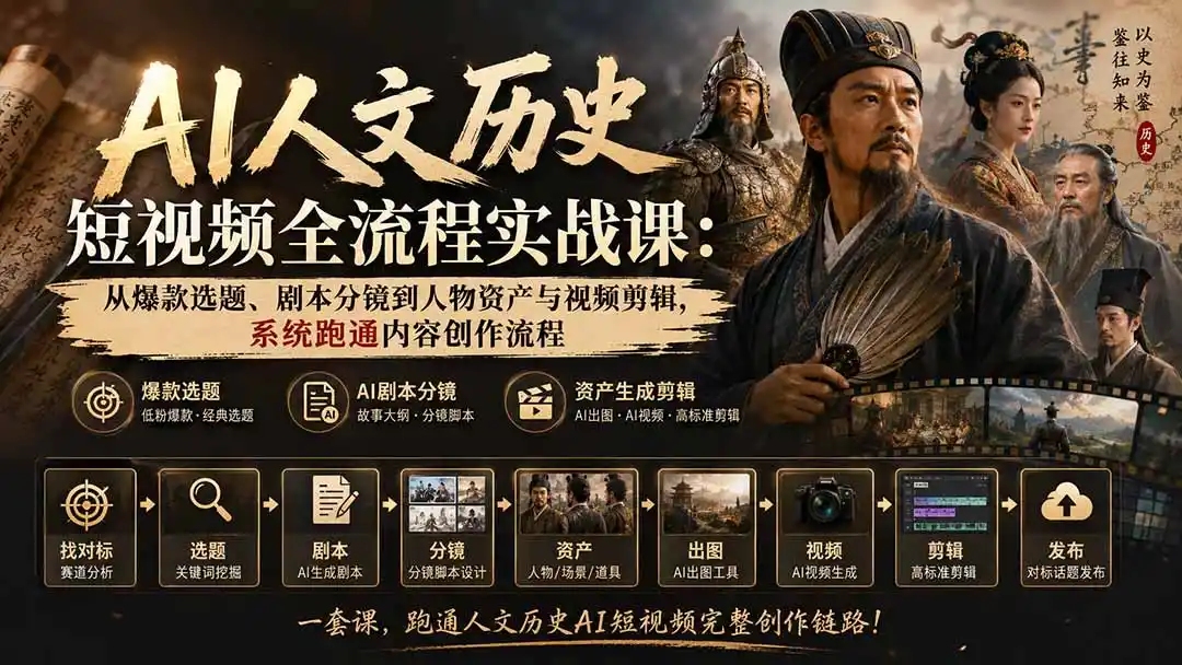 AI人文历史短视频全流程实战课-更新：从爆款选题、剧本分镜到人物资产与视频剪辑，系统跑通内容创作流程-云启智联