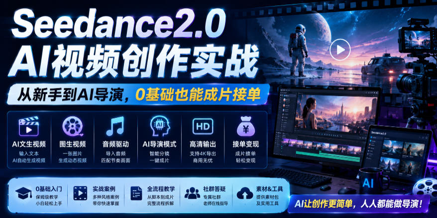 Seedance2.0 AI视频创作实战，从新手到AI导演，0基础也能成片接单变现-云启智联