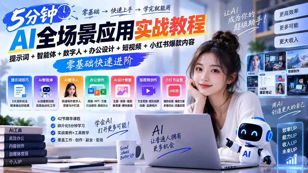 AI全场景应用实战教程｜提示词+智能体+数字人+办公设计+短视频+小红书爆款内容，零基础快速进阶-云启智联