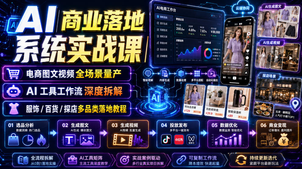 AI商业落地系统实战课｜电商图文视频全场景量产・AI工具工作流深度拆解・服饰/百货/探店多品类落地教程-云启智联