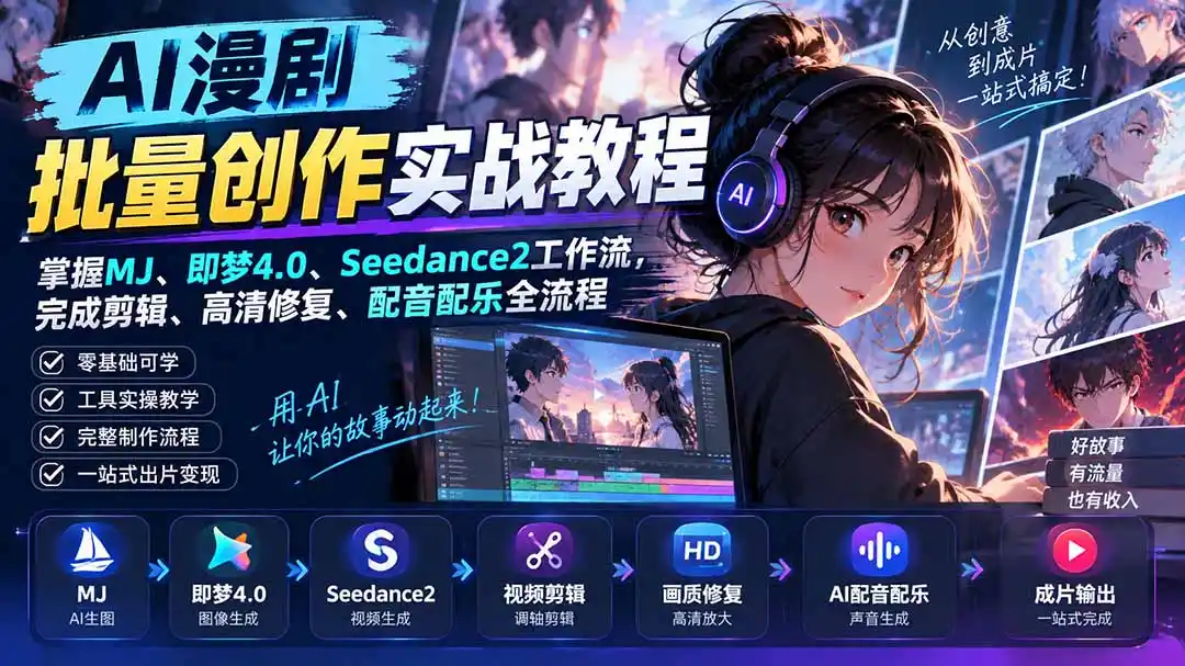 AI漫剧批量创作实战教程：掌握MJ、即梦4.0、Seedance2工作流，完成剪辑、高清修复、配音配乐全流程-云启智联