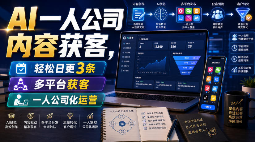 AI一人公司内容获客，轻松日更3条，多平台获客，一人公司化运营-云启智联