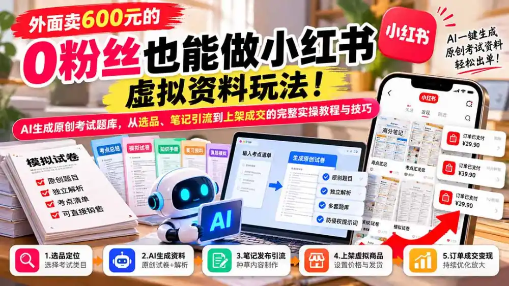 外面卖600元的 零粉丝也能做小红书虚拟资料玩法！AI生成原创考试题库，从选品、笔记引流到上架成交的完整实操教程-云启智联